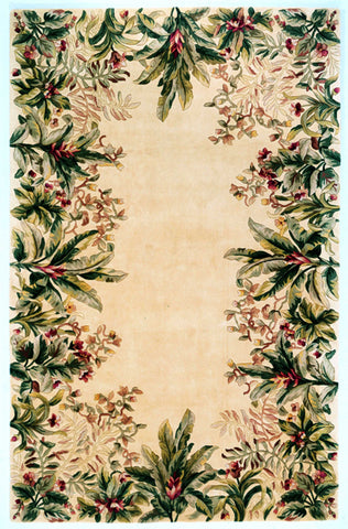 3' x 6' Ivory Tropical Leaves Bordered Wool Indoor Area Rug