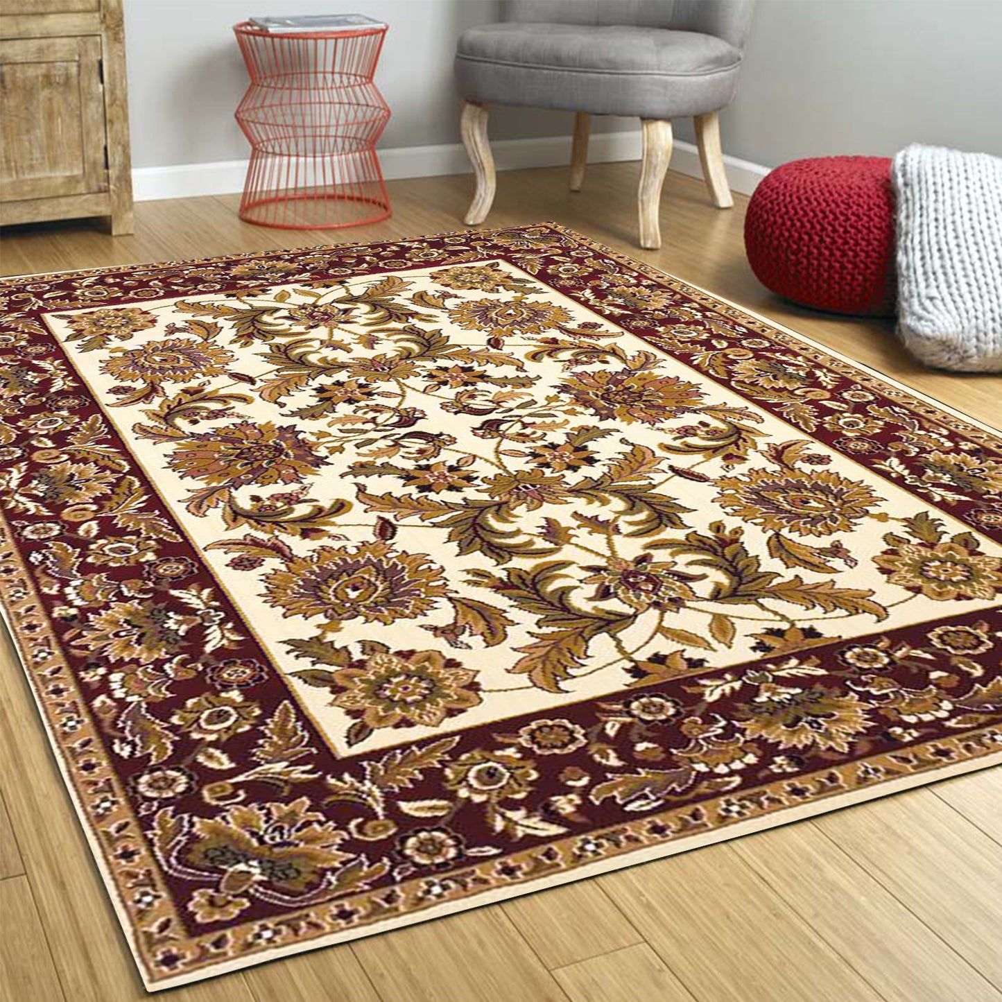 Ivory Red Machine Woven Traditional Octagon Indoor Area Rug