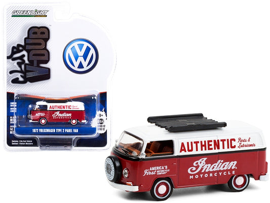 1972 Volkswagen Type 2 Panel Van "Indian Motorcycle Authentic Parts & Lubricants" Burgundy and White "Club Vee V-Dub" Series 12 1/64 Diecast Model by Greenlight