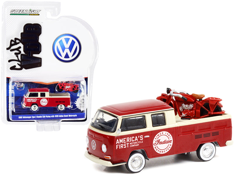 1968 Volkswagen Type 2 Double Cab Pickup Truck Red and Cream "America's First Motorcycle Company" and 1920 Indian Scout Motorcycle Red "Club Vee V-Dub" Series 13 1/64 Diecast Model Car b