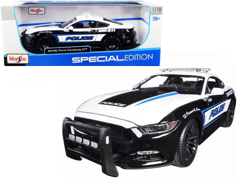2015 Ford Mustang GT 5.0 Police Car Black and White with Blue Stripes 1/18 Diecast Model Car by Maisto