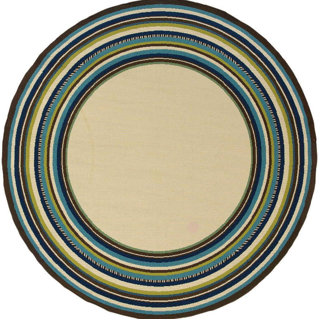7' Round Ivory Mediterranean Blue and Lime Border Indoor Outdoor Area Rug