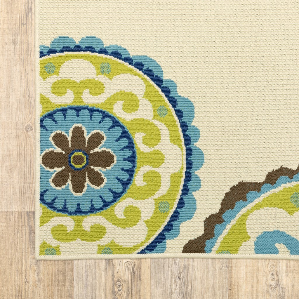 7' Ivory Indigo and Lime Medallion Disc Indoor Outdoor Area Rug