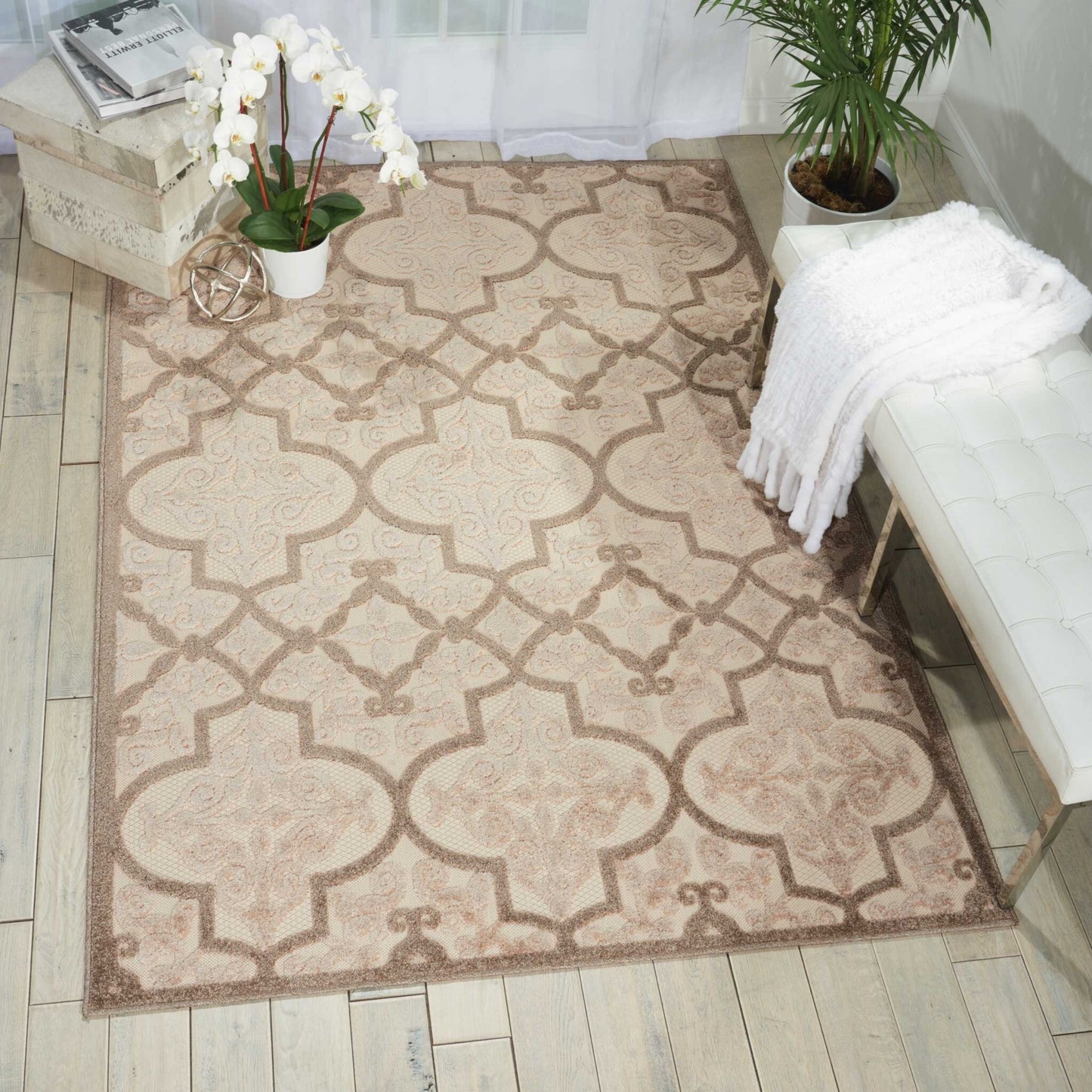 8' x 11' Cream and Beige Trellis Indoor Outdoor Area Rug