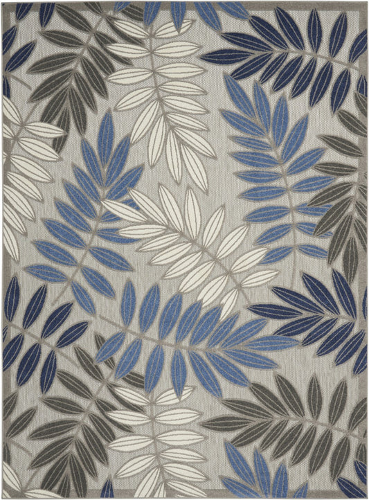 6' x 9' Gray and Blue Leaves Indoor Outdoor Area Rug