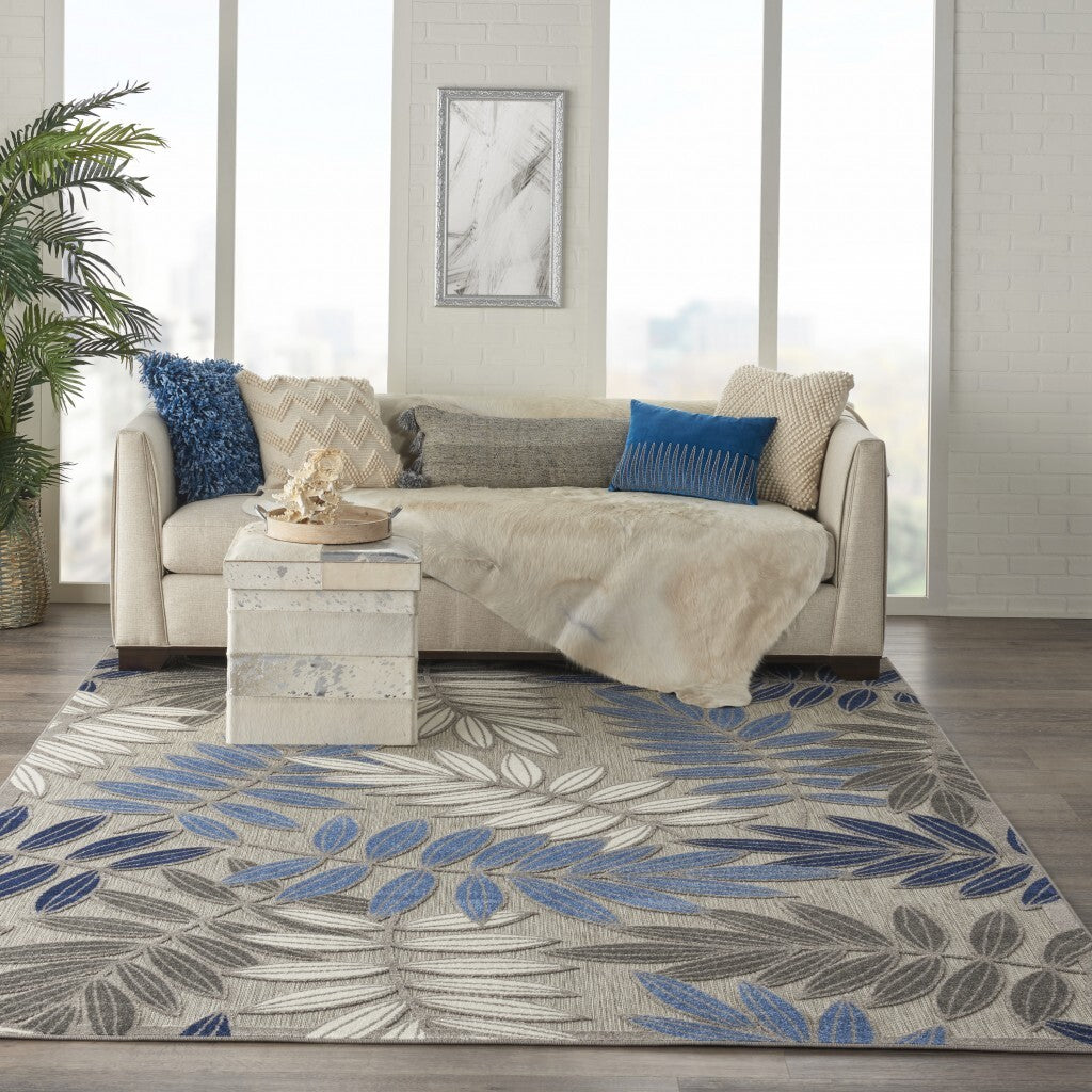 6' x 9' Gray and Blue Leaves Indoor Outdoor Area Rug