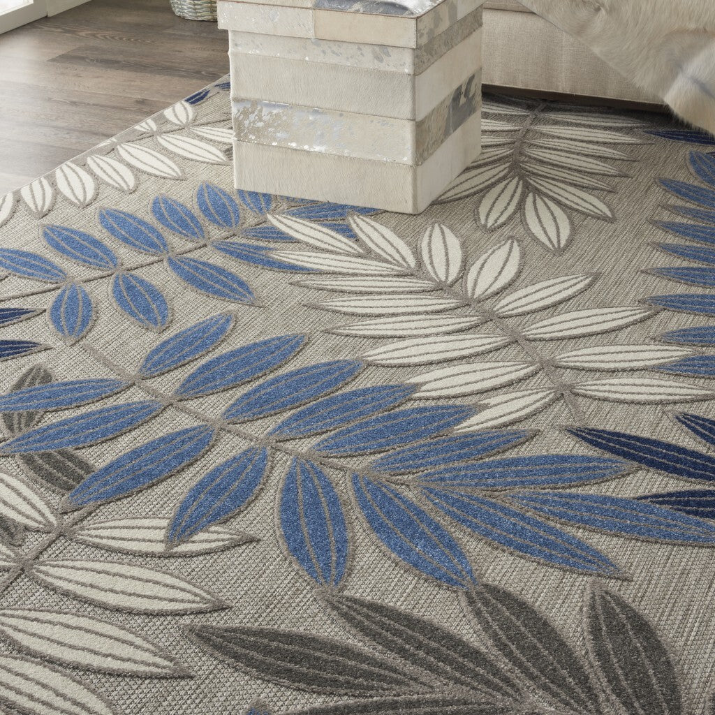 6' x 9' Gray and Blue Leaves Indoor Outdoor Area Rug