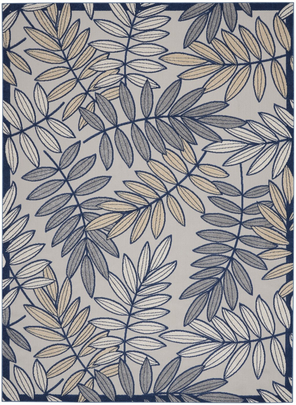 7' x 10' Ivory and Navy Leaves Indoor Outdoor Area Rug