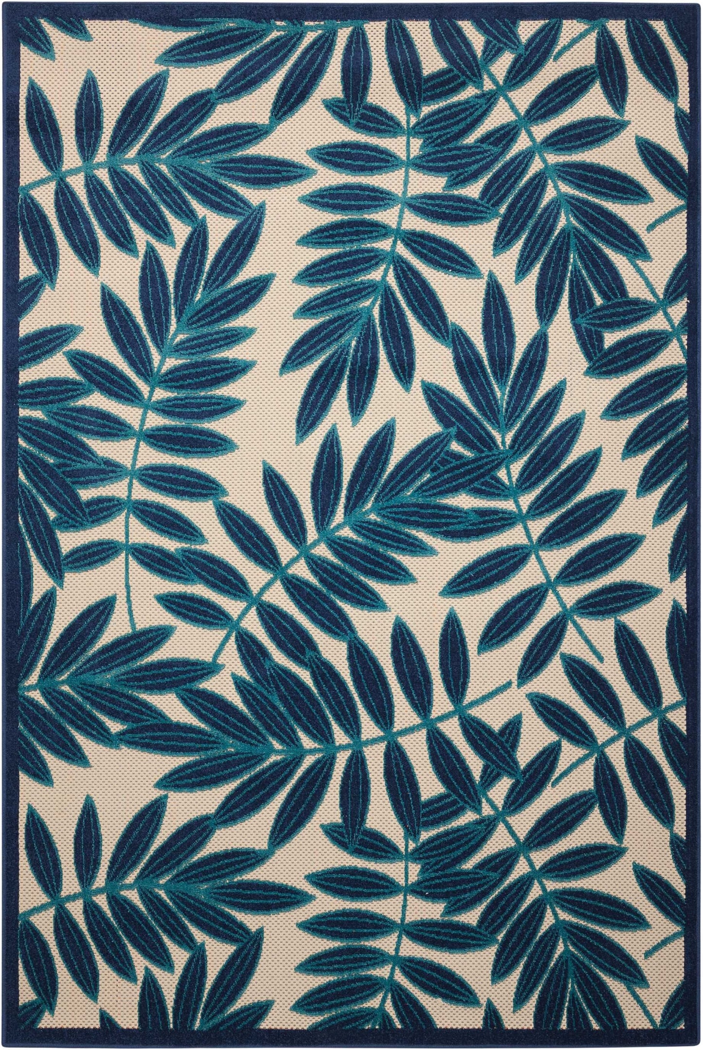 8' x 11' Navy and Beige Leaves Indoor Outdoor Area Rug