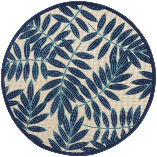 5' Round Navy and Beige Leaves Indoor Outdoor Area Rug