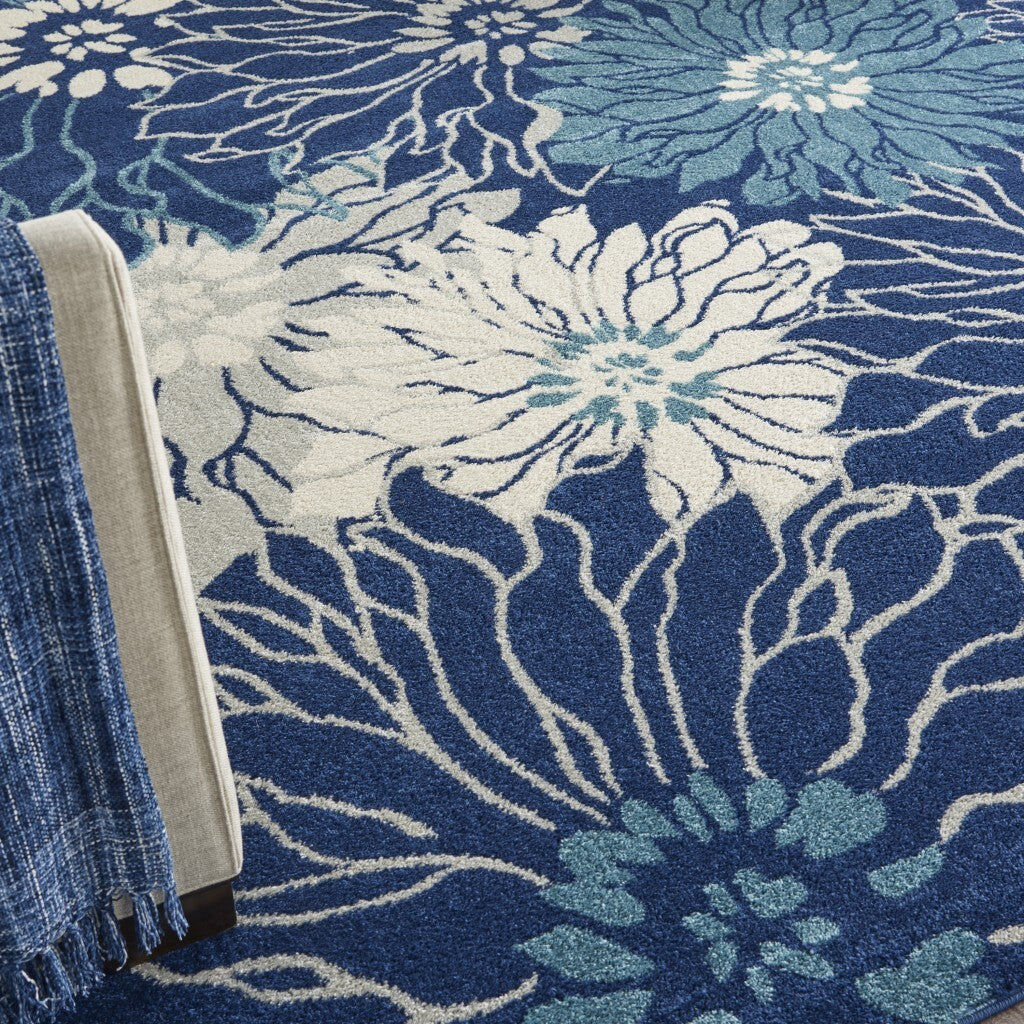 8' X 10' Blue And Ivory Floral Power Loom Area Rug