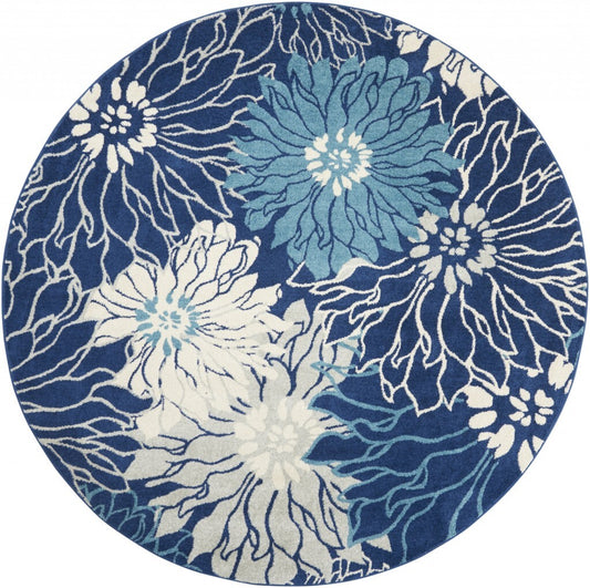 8' Blue And Ivory Round Floral Dhurrie Area Rug