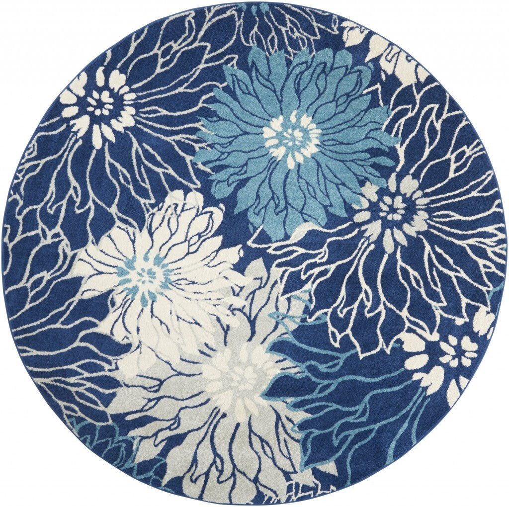 8' Blue And Ivory Round Floral Dhurrie Area Rug