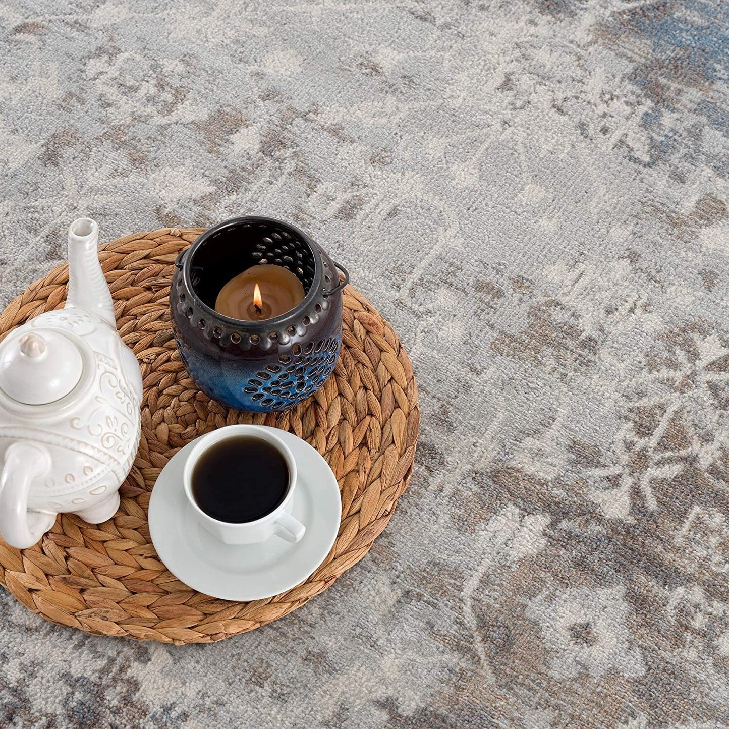 2' X 8' Navy And Beige Distressed Vines Runner Rug