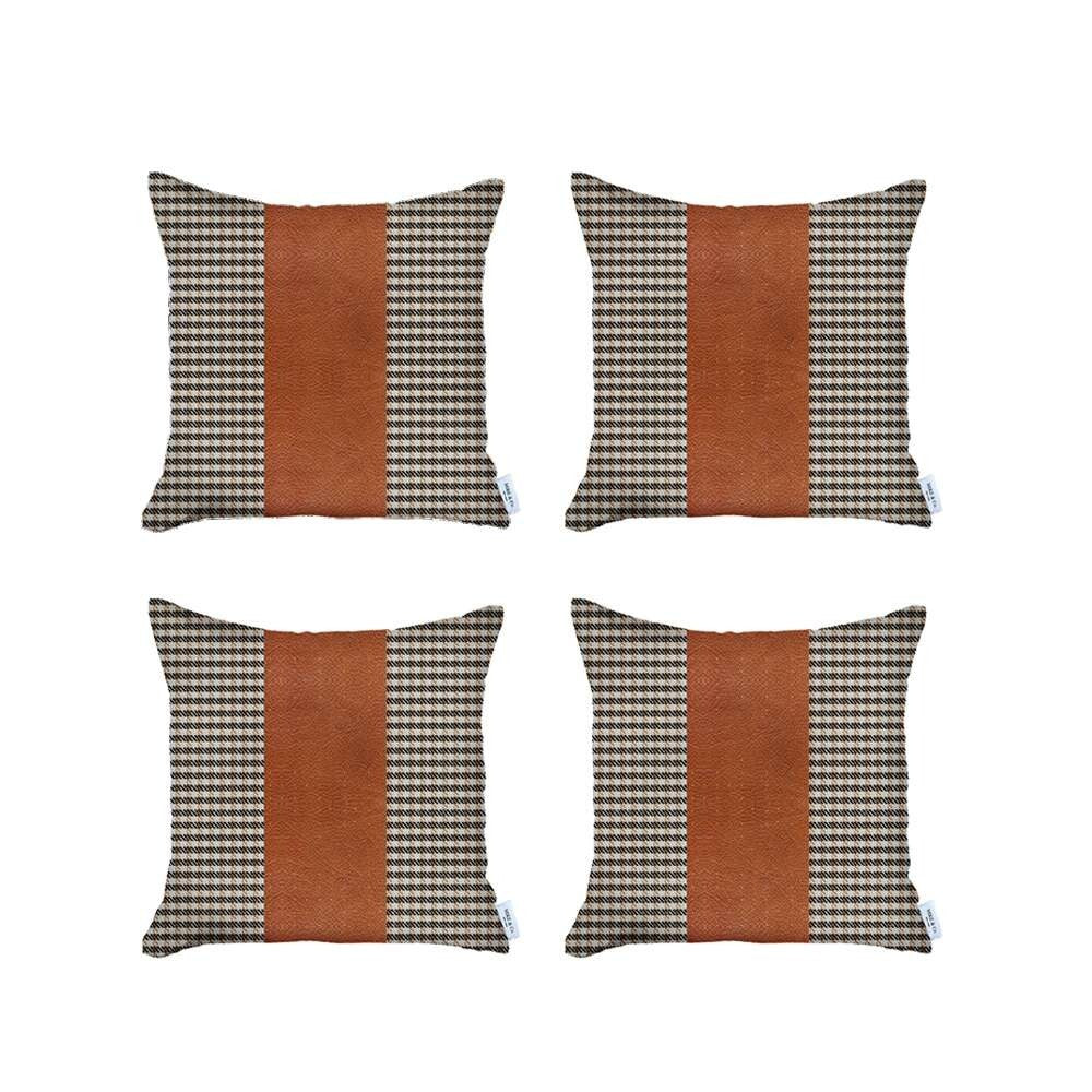 Set of 4 Brown Checkered Faux Leather Pillow Covers