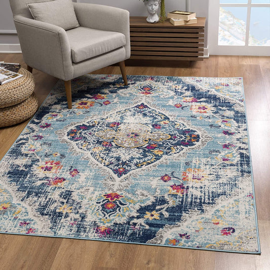 2' x 13' Blue Distressed Medallion Runner Rug