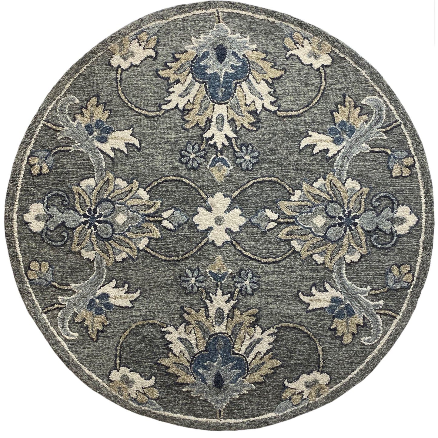 5' Round Gray Floral FIligree Area Rug