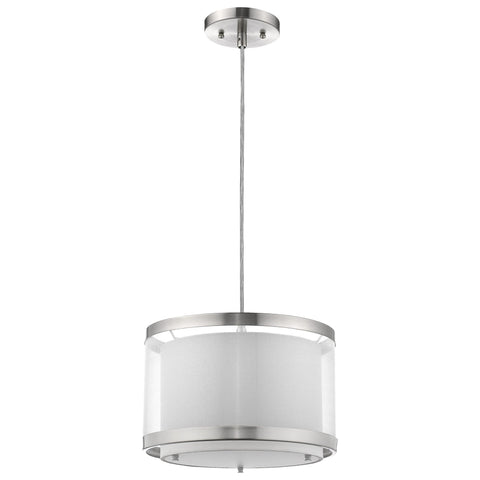 Lux 1-Light Brushed Nickel Pendant With Metal Trimmed Sheer Snow Shantung Two Tier Shade
