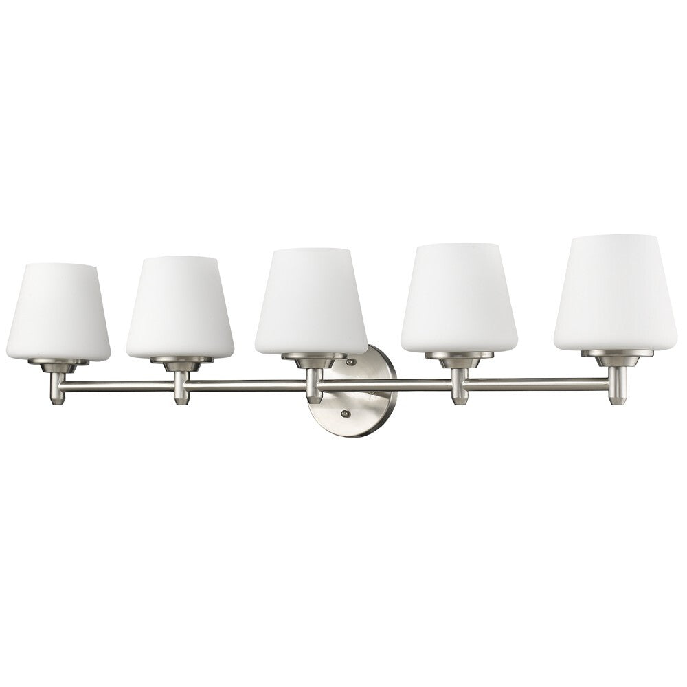 Paige 5-Light Satin Nickel Vanity Light With Frosted Glass Shades