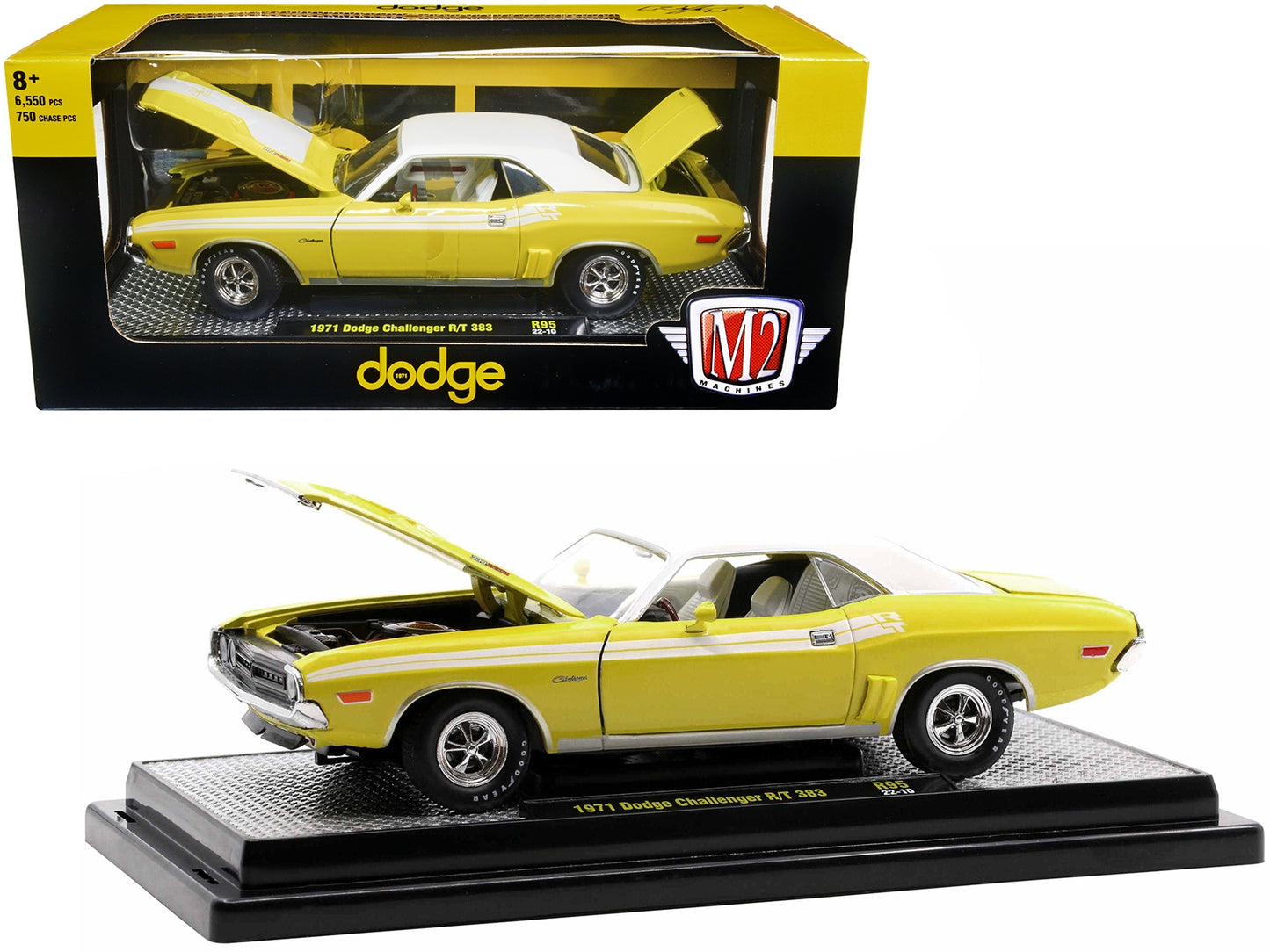 1971 Dodge Challenger R/T 383 Banana Yellow with White Stripes and Vinyl White Top Limited Edition to 6550 pieces Worldwide 1/24 Diecast Model Car by M2 Machines