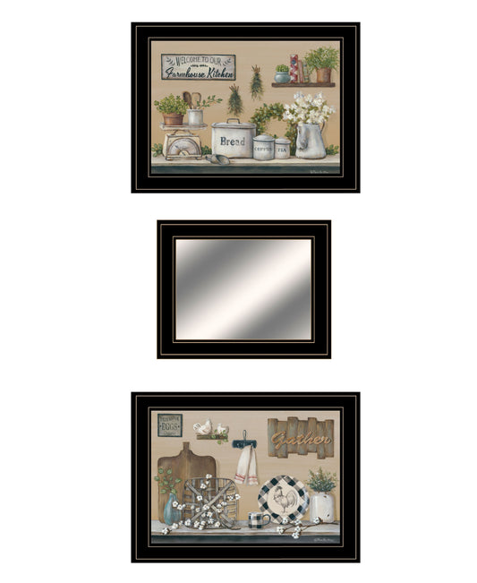 Set Of Three Farmhouse Kitchen 2 Black Framed Print Kitchen Wall Art with Mirror