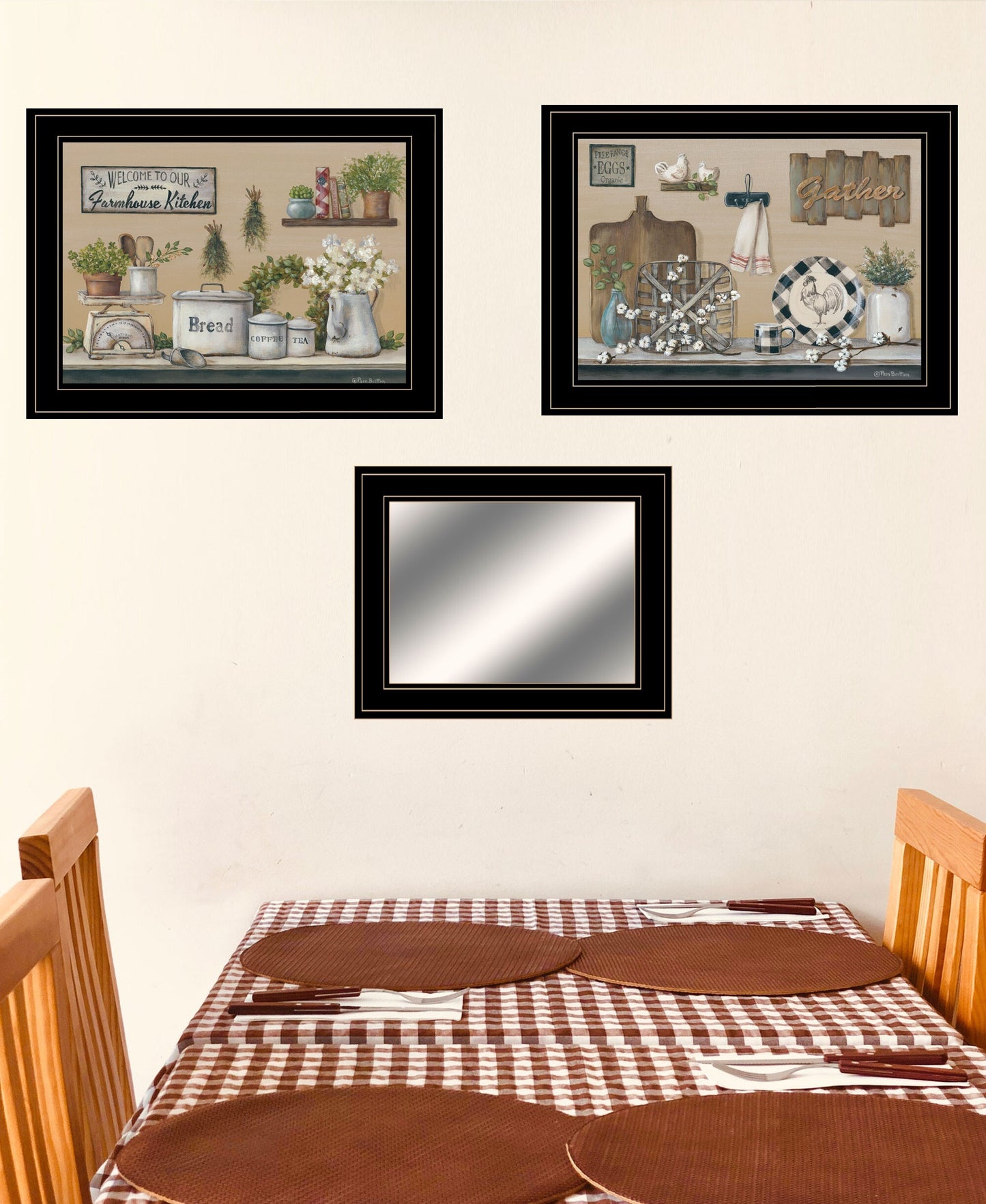 Set Of Three Farmhouse Kitchen 2 Black Framed Print Kitchen Wall Art with Mirror