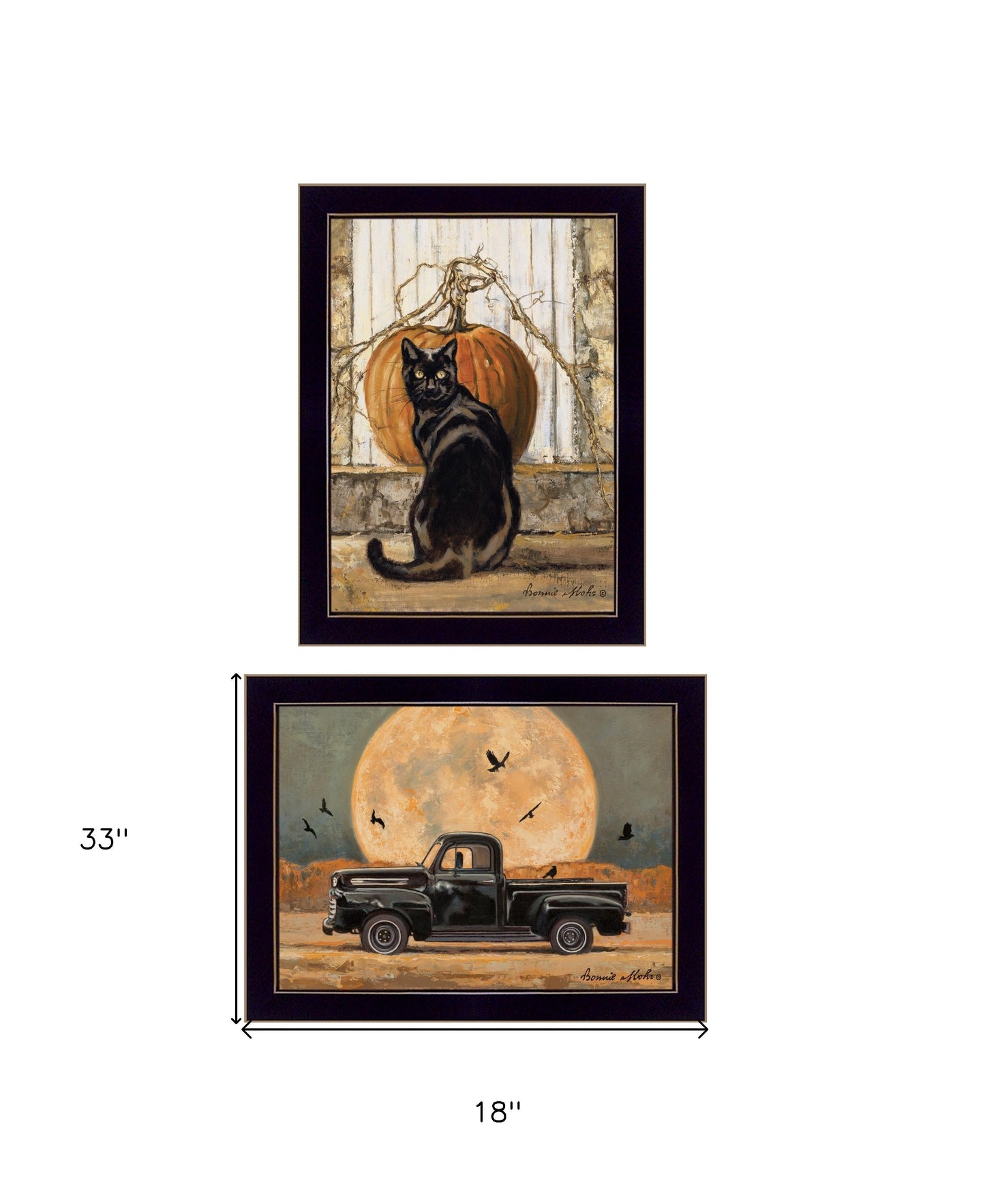 Set Of Two Harvest Moon with A Black Cat and Truck 3 Black Framed Print Kitchen Wall Art