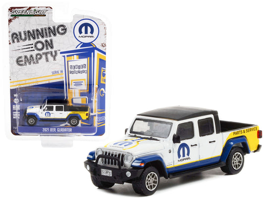 2021 Jeep Gladiator Pickup Truck White with Matt Black Top and Graphics "MOPAR Parts & Service" "Running on Empty" Series 14 1/64 Diecast Model Car by Greenlight