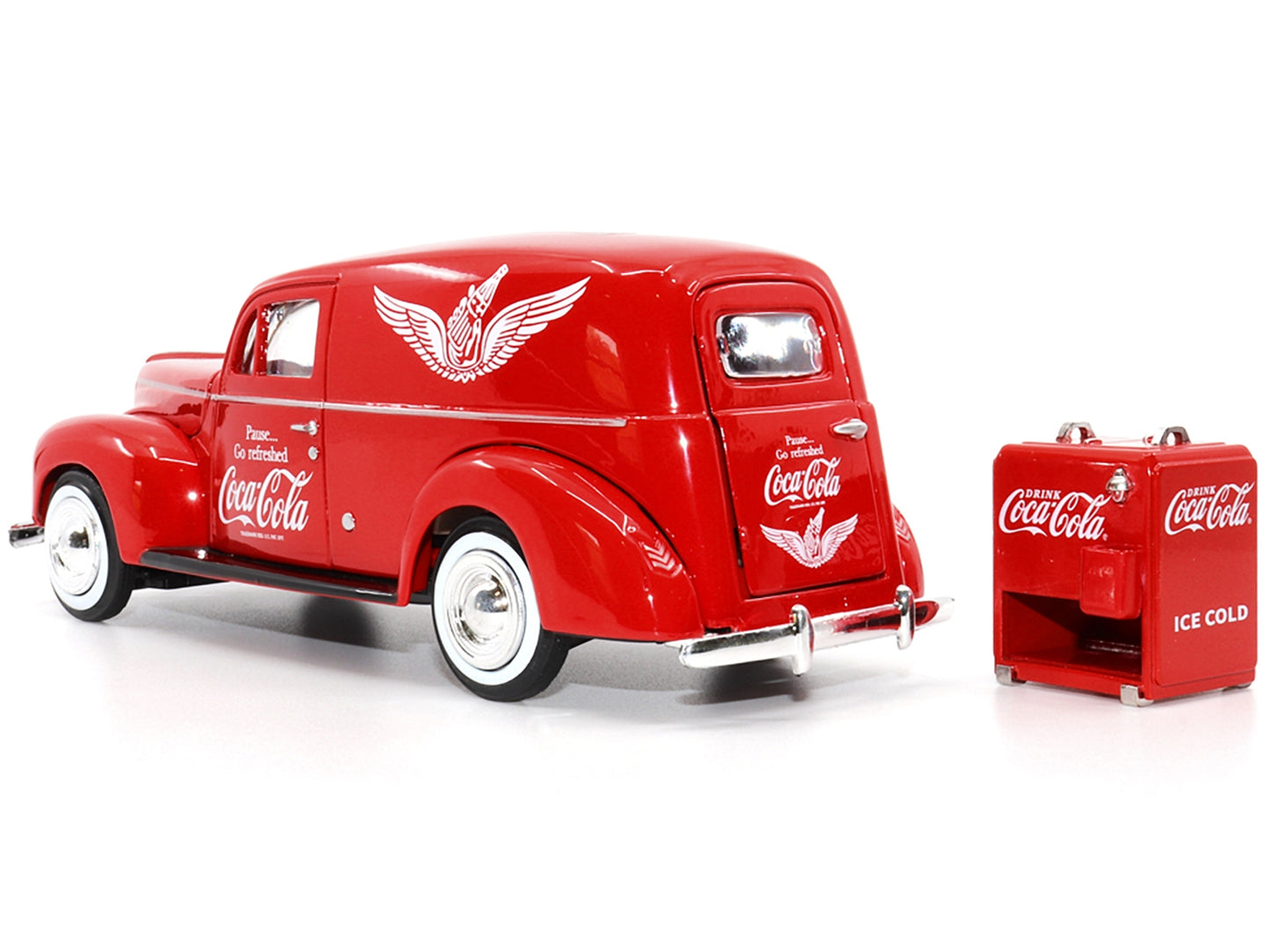 1940 Ford Sedan Cargo Van Red "Pause... Go Refreshed Coca-Cola" with Vending Machine Accessory 1/24 Diecast Model Car by Motor City Classics