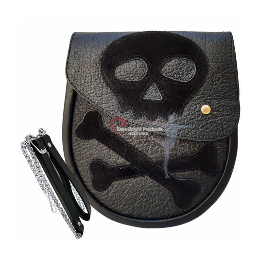 Scottish Kilt Semi Dress Sporran Genuine 100% Real Leather Black SKULL Sporran