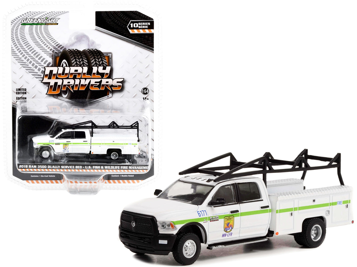 2018 Ram 3500 Dually Service Bed Truck White with Green Stripes "U.S. Fish & Wildlife Fire Management" "Dually Drivers" Series 10 1/64 Diecast Model Car by Greenlight