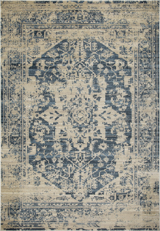 8' Ivory and Blue Oriental Distressed Round Rug