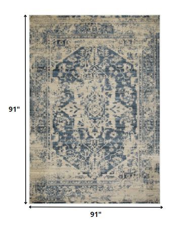 8' Ivory and Blue Oriental Distressed Round Rug
