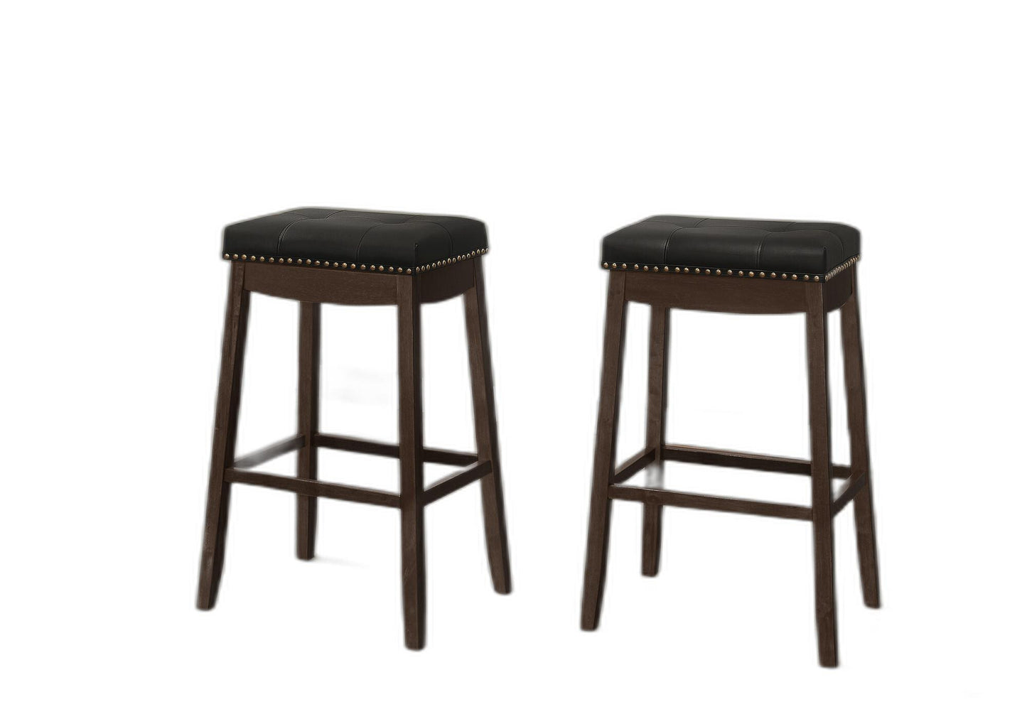 Set Of Two 30" Black And Espresso Faux Leather And Solid Wood Backless Bar Height Bar Chairs With Footrest