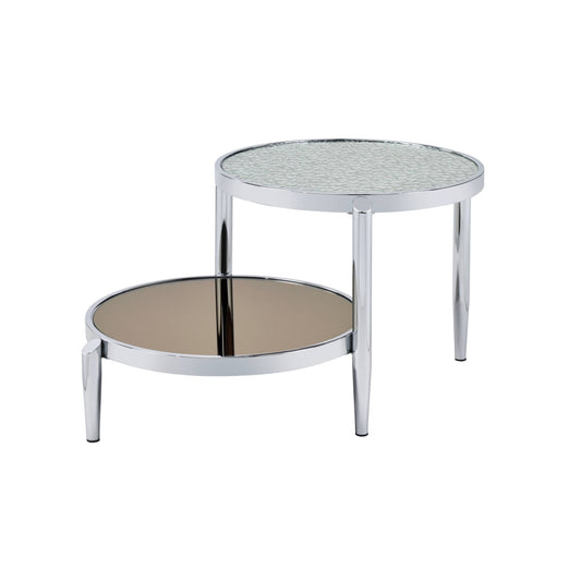 37" Chrome And Silver Mirrored Two Tier Round Mirrored Coffee Table