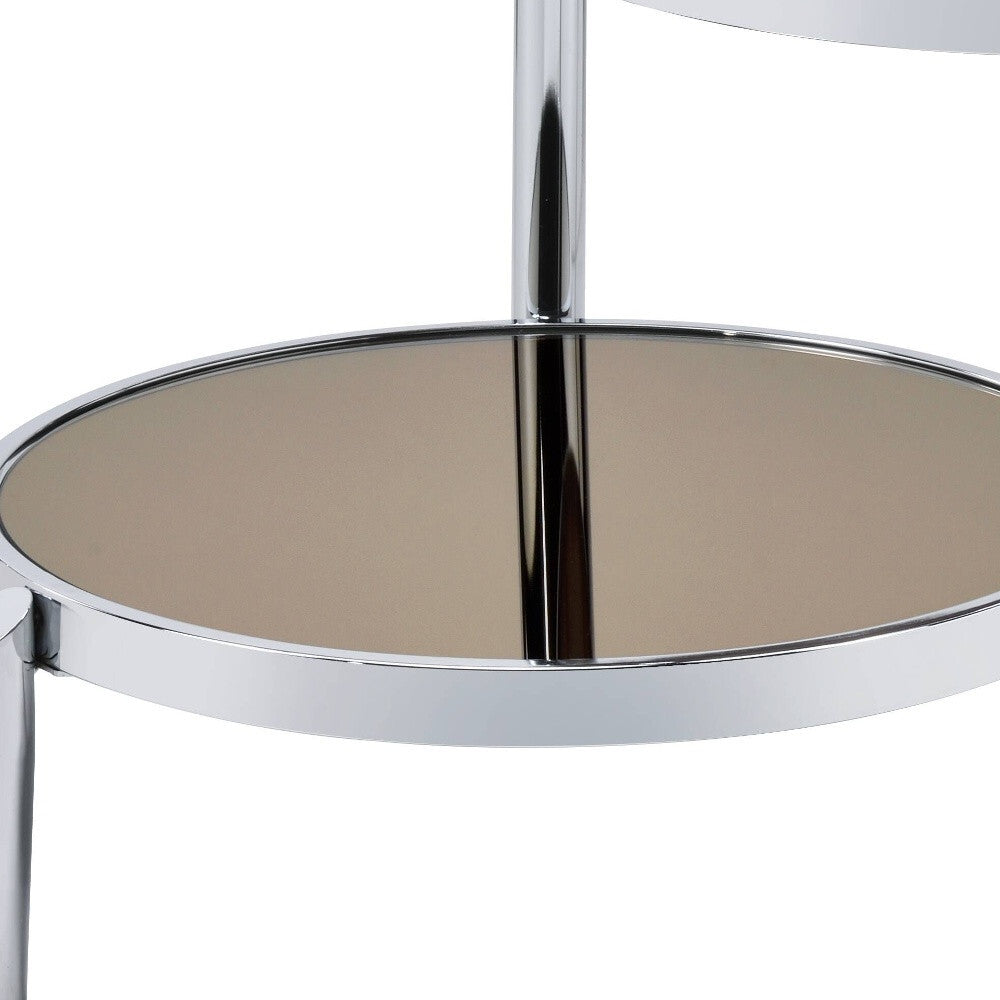 37" Chrome And Silver Mirrored Two Tier Round Mirrored Coffee Table