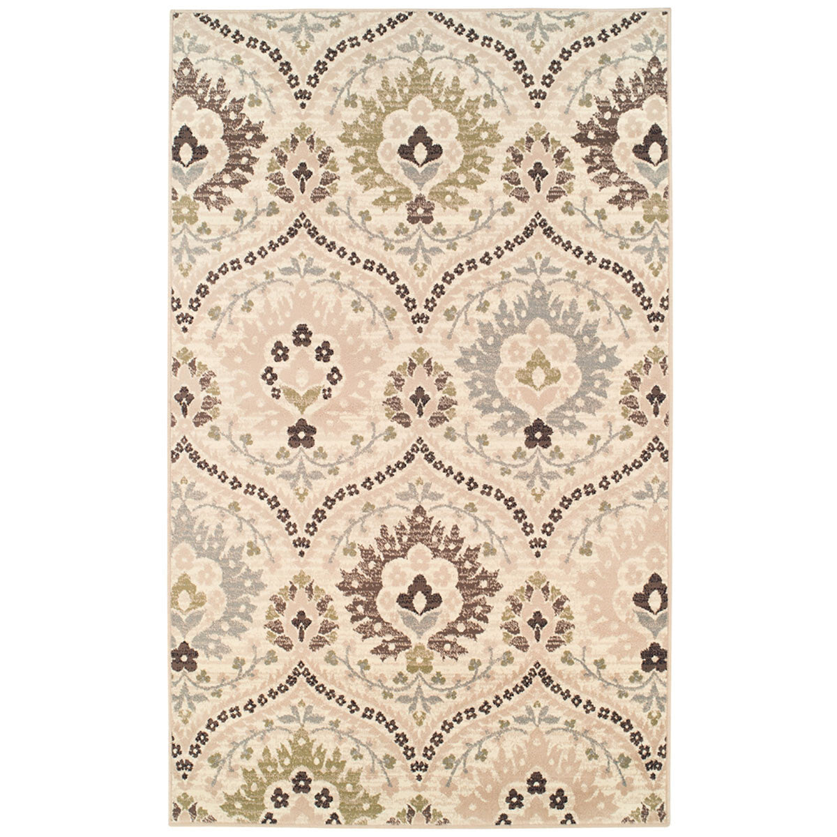 9' X 12' Ivory Floral Power Loom Distressed Stain Resistant Area Rug