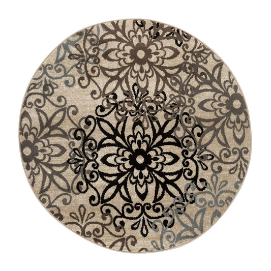 8' Round Tan Gray And Black Round Floral Medallion Stain Resistant Area Rug