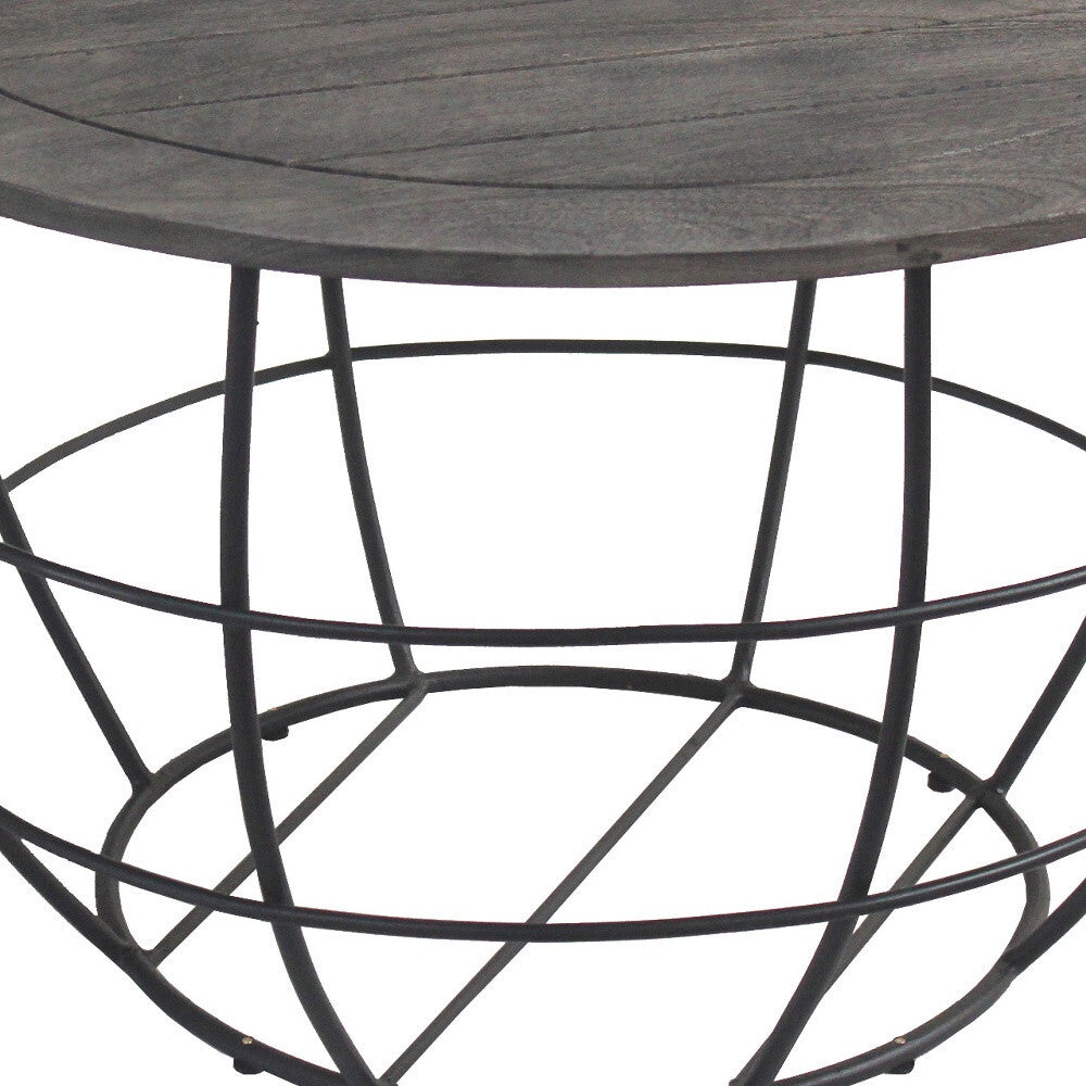32" Gray Wash Solid Wood and Cast Iron Round Distressed Coffee Table