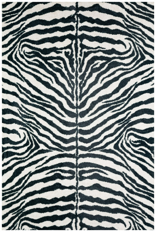 5' X 8' Black and White Zebra Print Shag Handmade Non Skid Area Rug