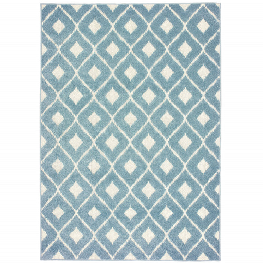 7' x 10' Blue and Ivory Geometric Stain Resistant Indoor Outdoor Area Rug