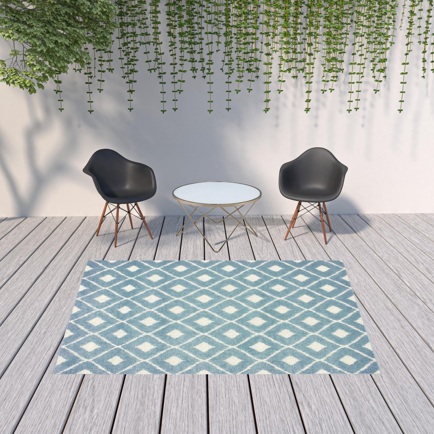 7' x 10' Blue and Ivory Geometric Stain Resistant Indoor Outdoor Area Rug