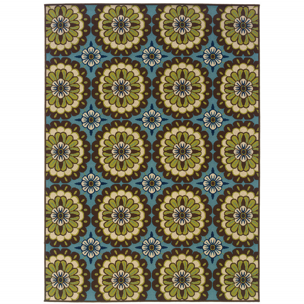 5' x 8' Blue and Green Floral Stain Resistant Indoor Outdoor Area Rug
