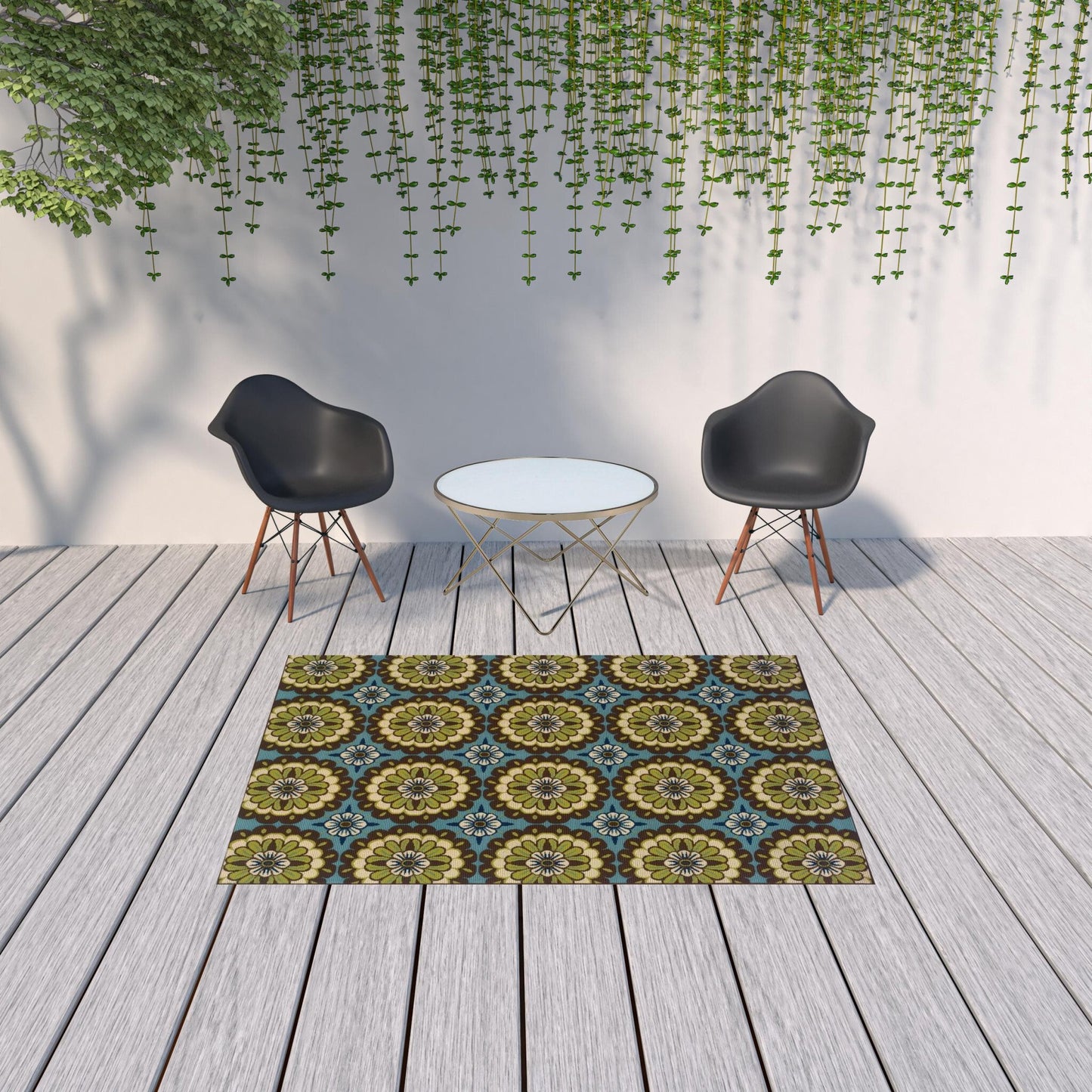 5' x 8' Blue and Green Floral Stain Resistant Indoor Outdoor Area Rug