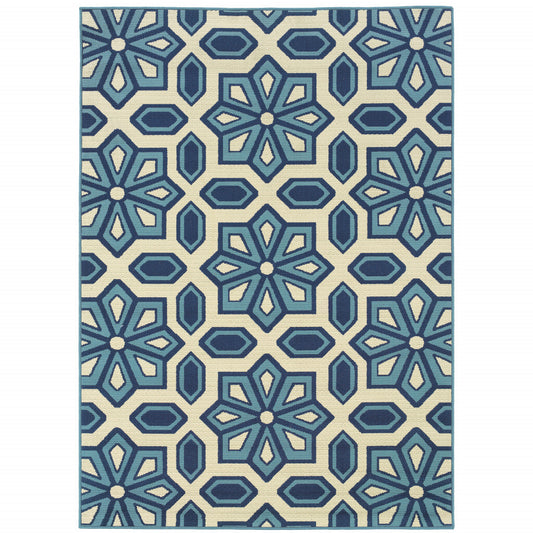 8' x 11' Ivory and Blue Geometric Stain Resistant Indoor Outdoor Area Rug