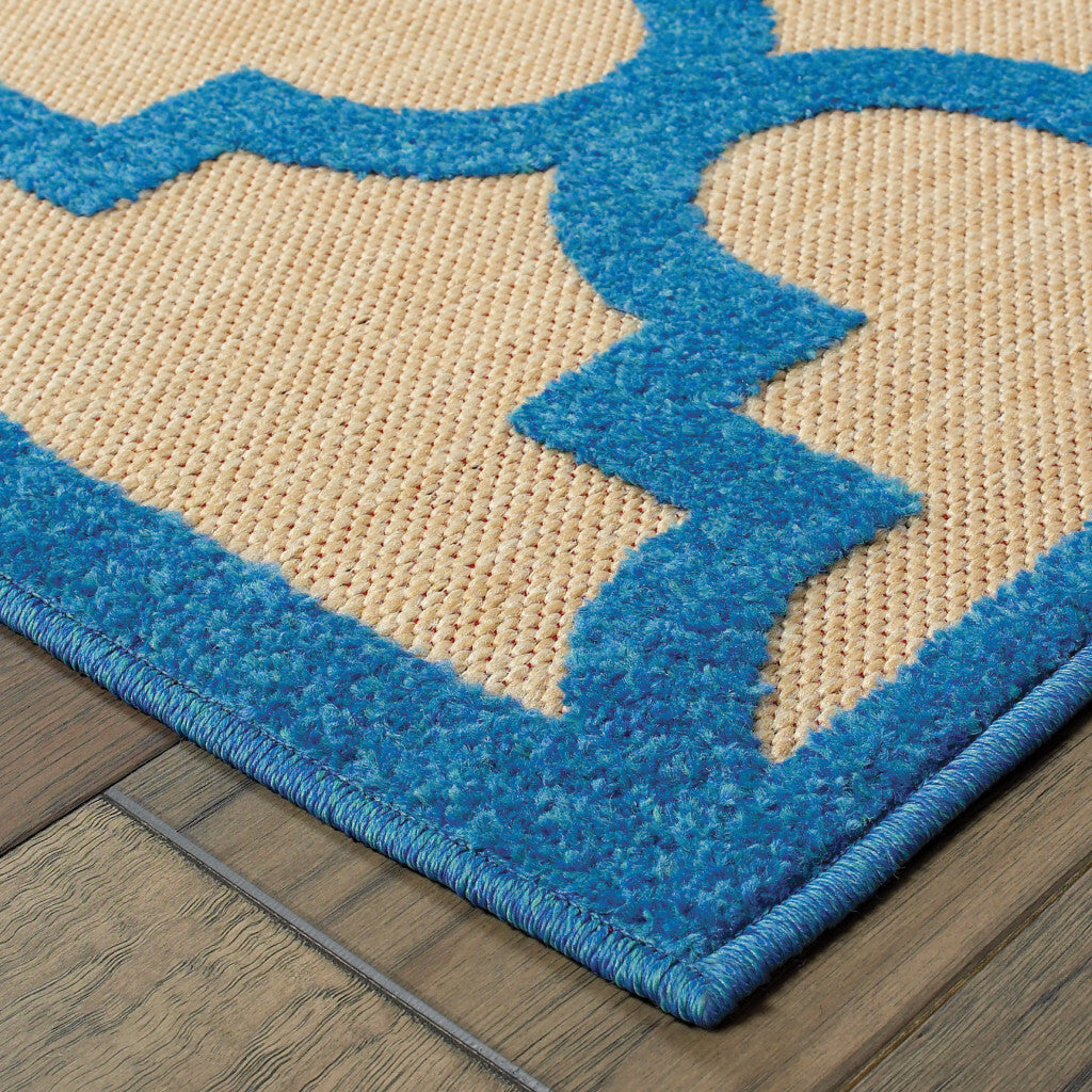 7' x 10' Blue and Beige Geometric Stain Resistant Indoor Outdoor Area Rug