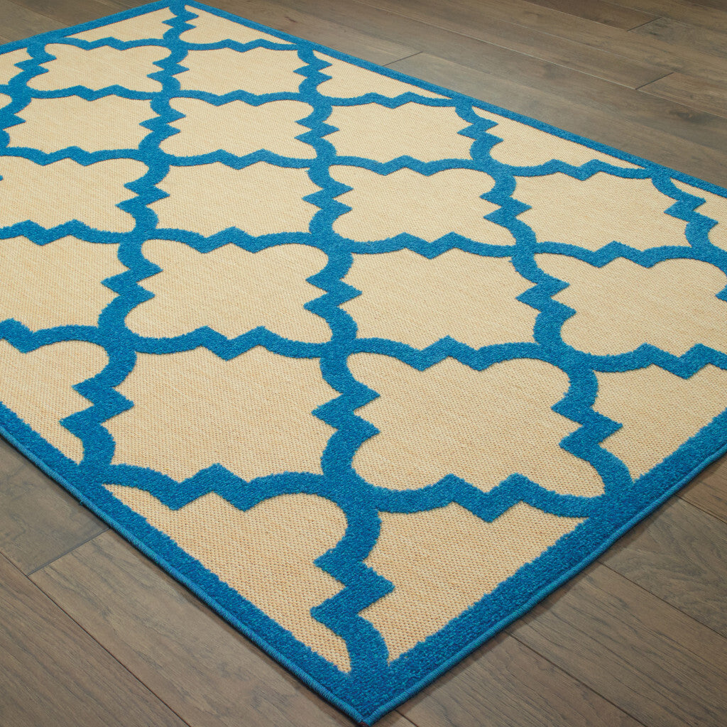 7' x 10' Blue and Beige Geometric Stain Resistant Indoor Outdoor Area Rug