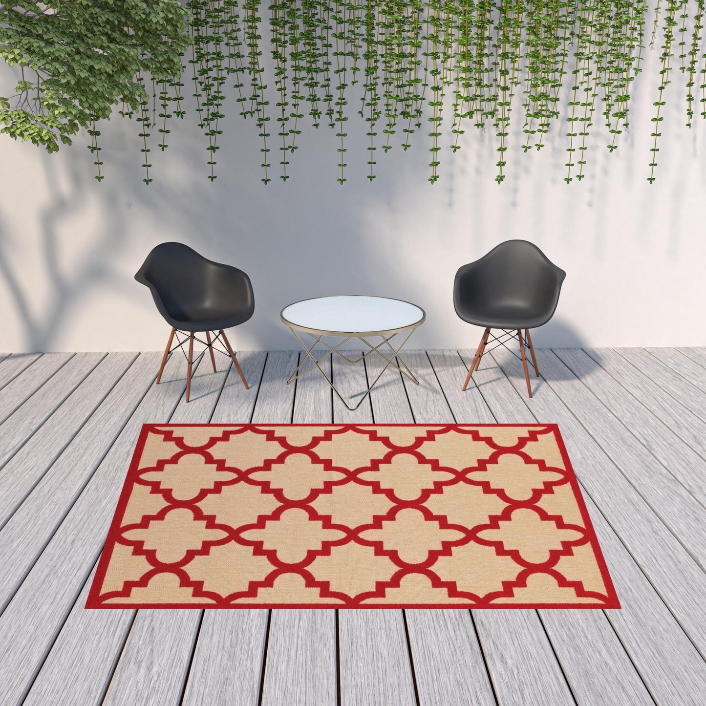 7' x 10' Red Geometric Stain Resistant Indoor Outdoor Area Rug
