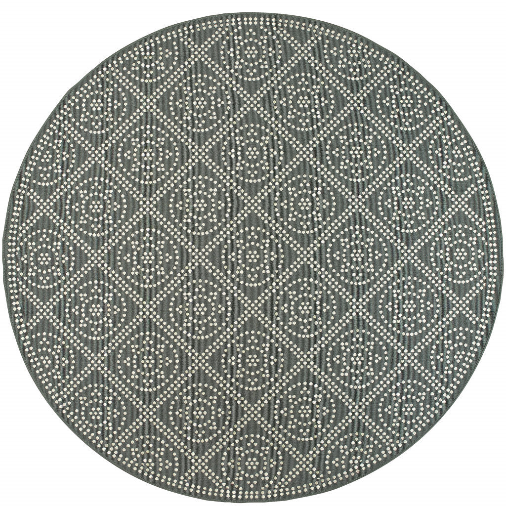 8' x 8' Gray and Ivory Round Geometric Stain Resistant Indoor Outdoor Area Rug