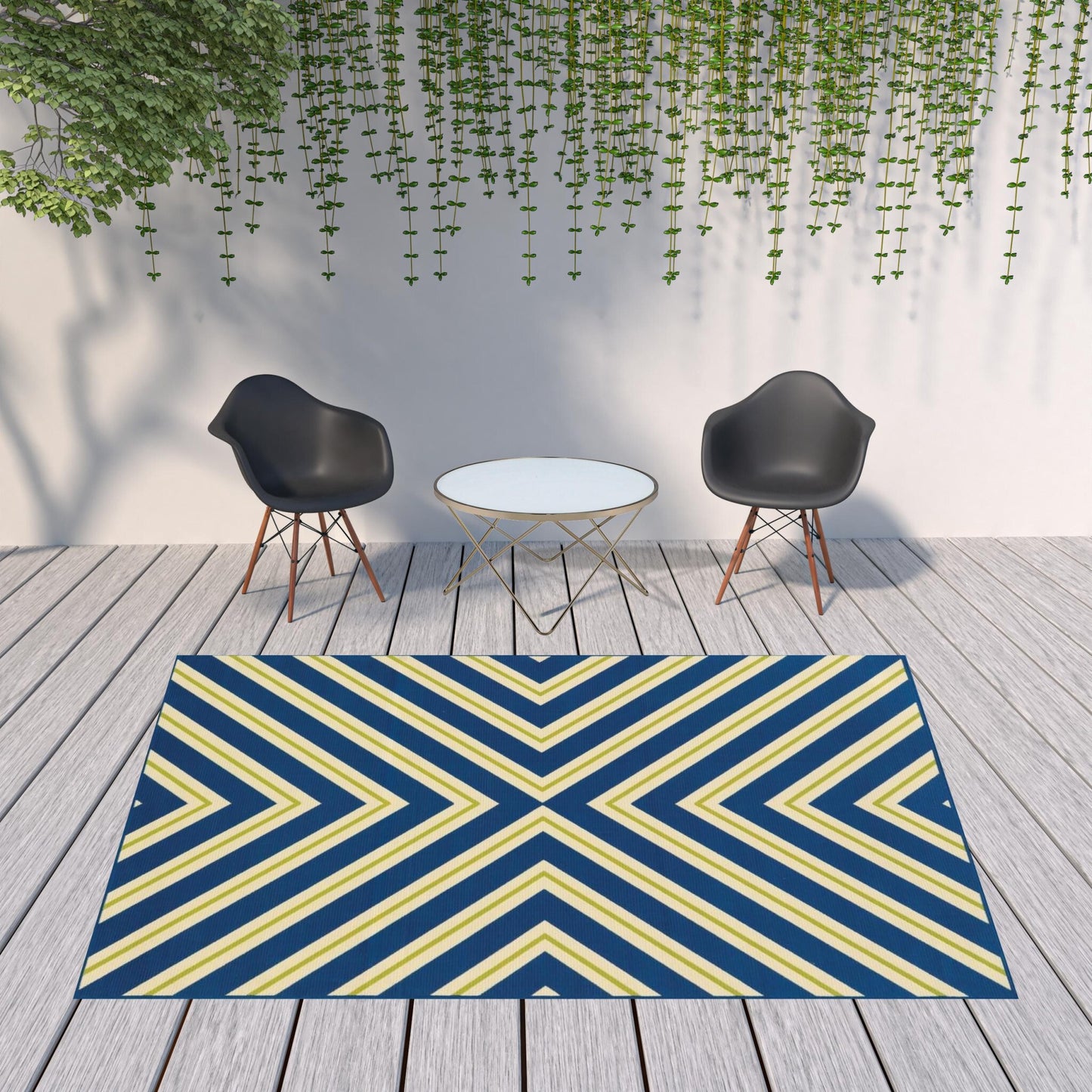 8' x 11' Blue and Ivory Geometric Stain Resistant Indoor Outdoor Area Rug